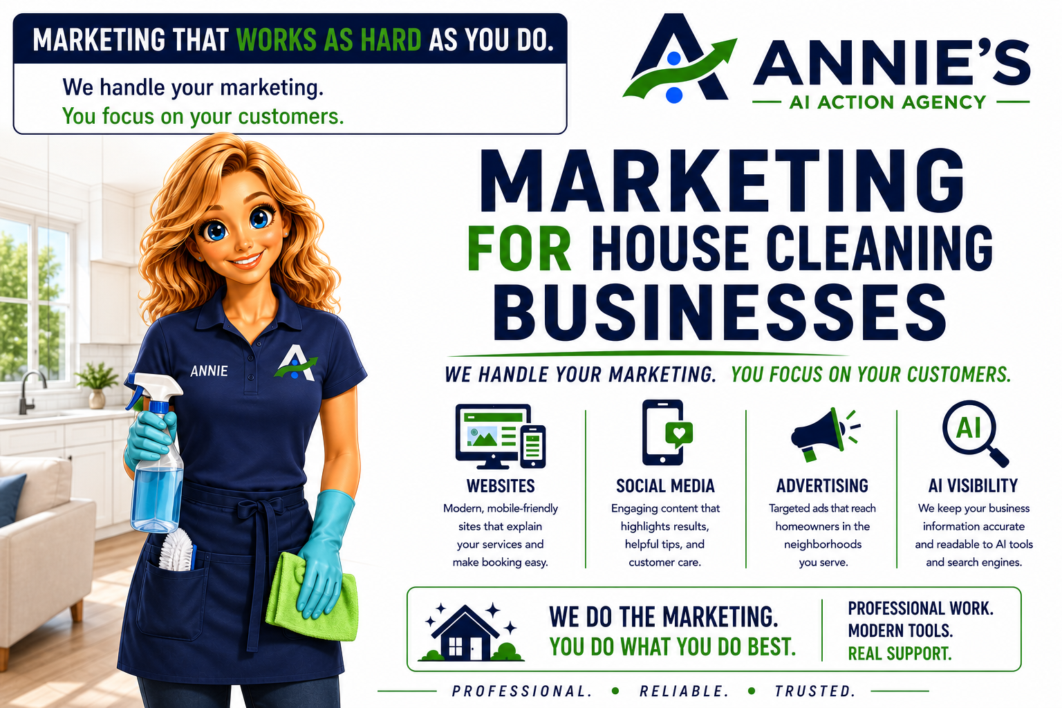 Illustrated cleaning professional Annie with household cleaning equipment and tailored website, social media, advertising and AI visibility services