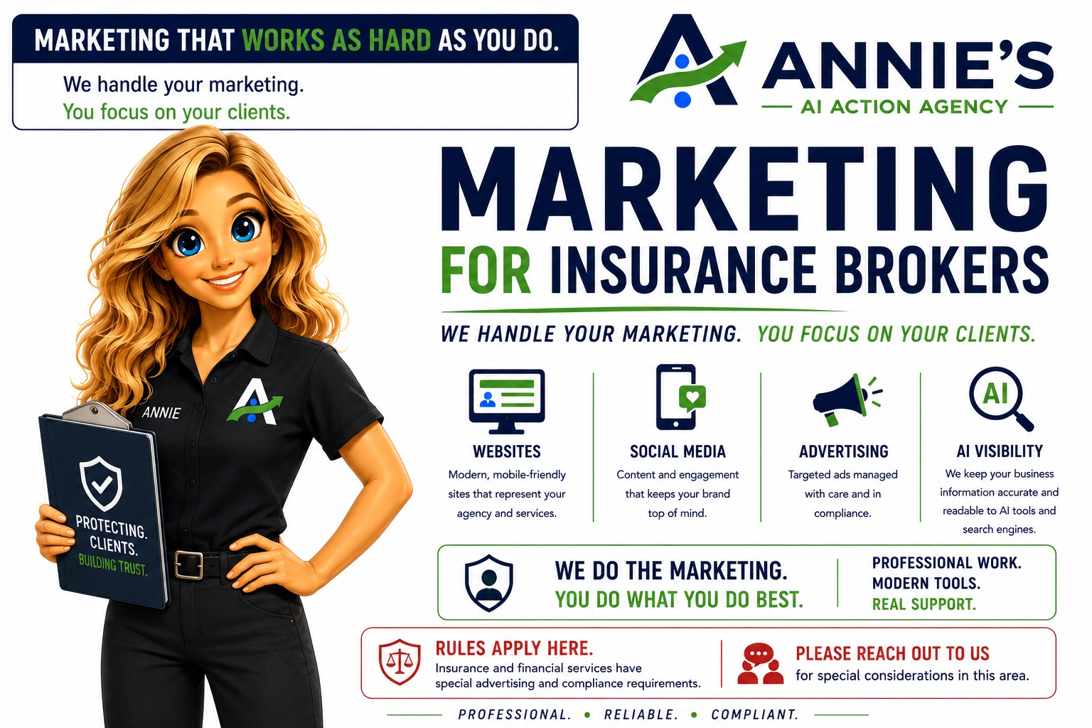 Illustrated insurance professional Annie holding a client protection folder with compliant website, social media, advertising and AI visibility services