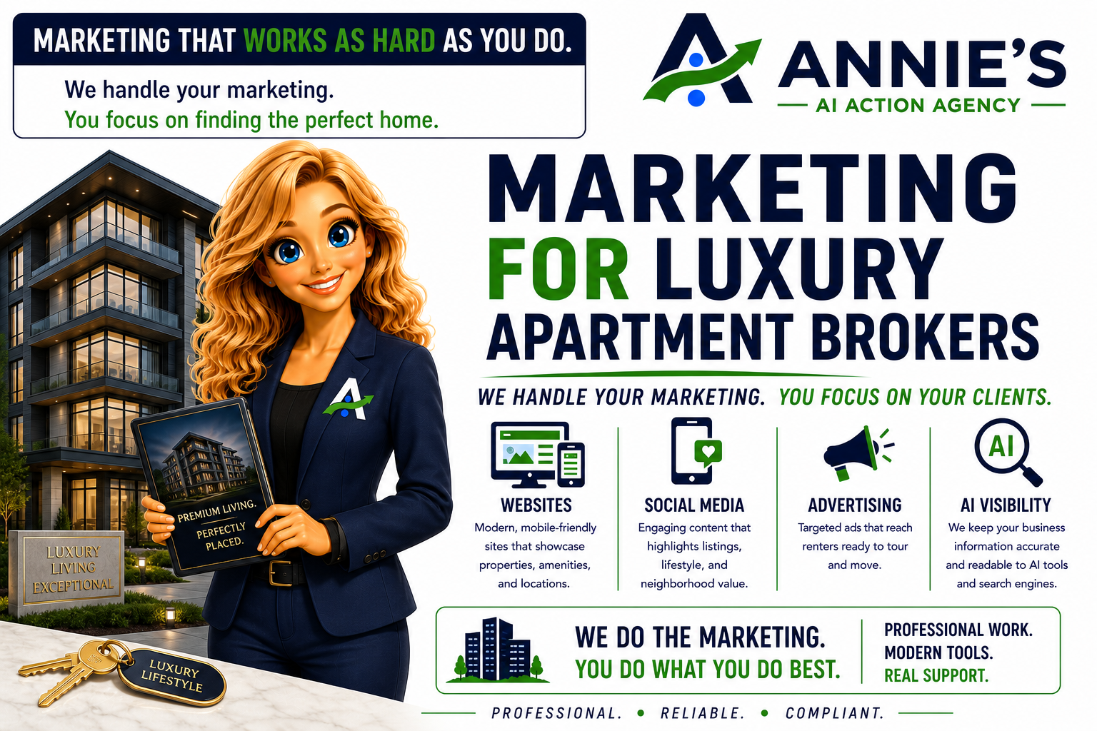 Illustrated luxury apartment professional Annie with upscale residential property imagery and marketing services for apartment brokers and leasing professionals
