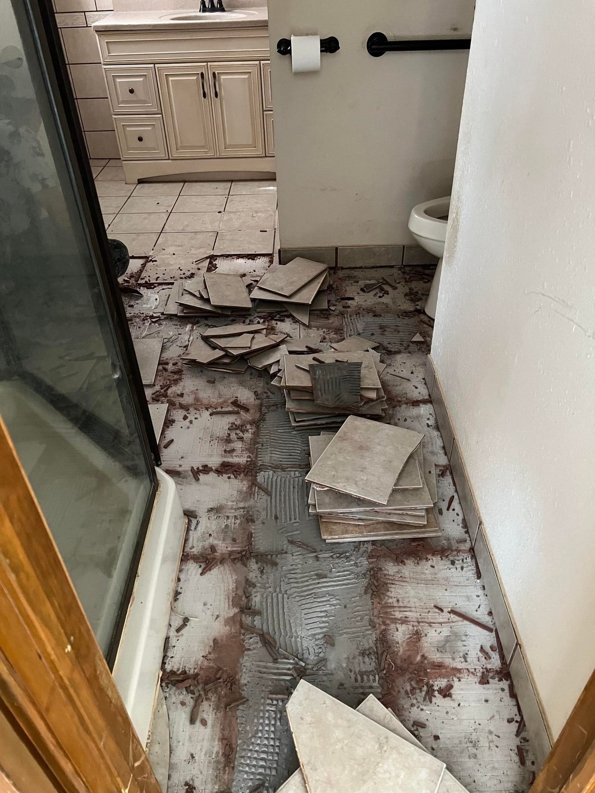 2 June 2022 — bathroom tile taken up, vanity and shower left in place.