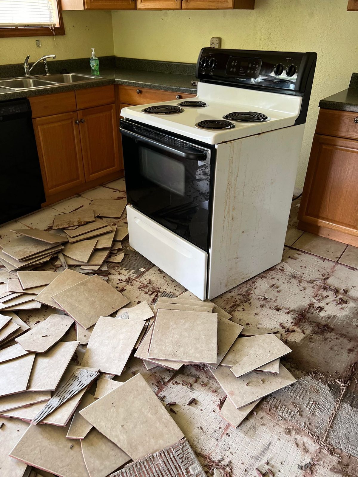 2 June 2022 — kitchen tile taken up. The range, dishwasher and cabinets in this shot are the ones still on record.