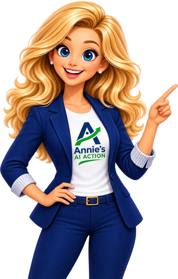 Annie, Annie's Action AI's agency director, pointing at the headline