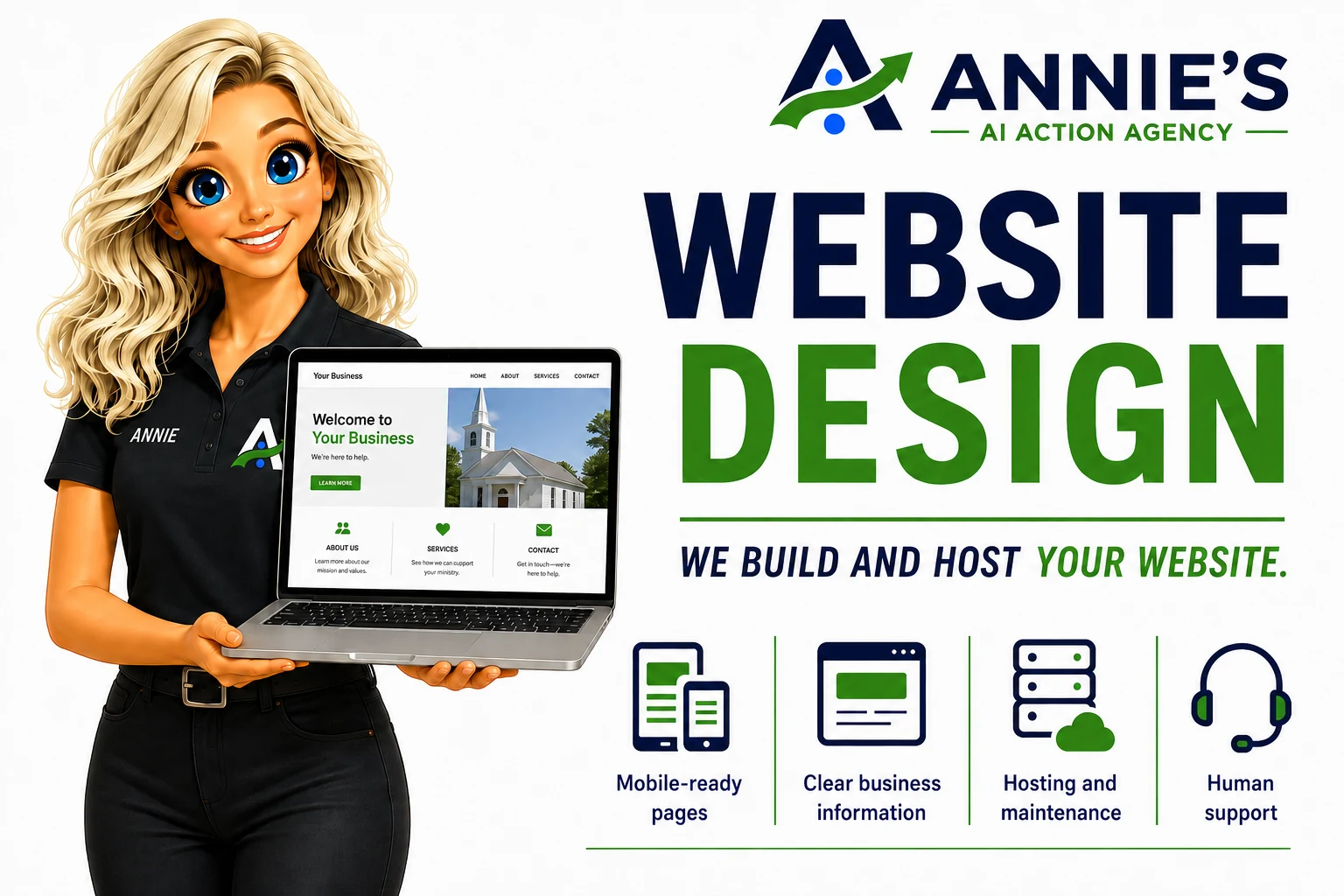 Annie&rsquo;s Website Design &mdash; mobile-ready pages, clear business information, hosting and maintenance, human support
